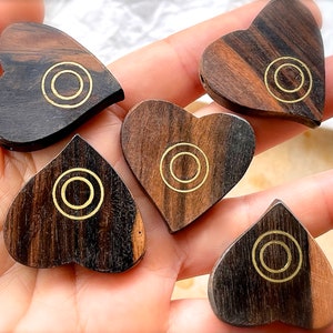 VINTAGE: 2pcs - LARGE Ebony Wood Hand Carved Heart Pendants - Charms - Beads - Brass Inlayed Wood Hearts