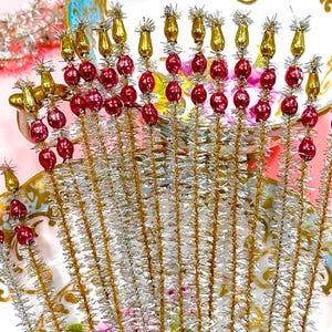 VINTAGE: 10pc - Mercury Bead Chenille Stems - Picks - Corsage, Flower Picks, Millinery, Crafts, Wrapping, Holiday Decor