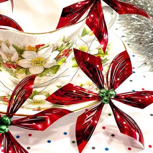 VINTAGE: 2pcs - Mercury Bead Foil Flower Stems, Picks, Ornaments - Poinsettia - Millinery, Crafts, Gift Wrapping, Christmas Holiday Decor