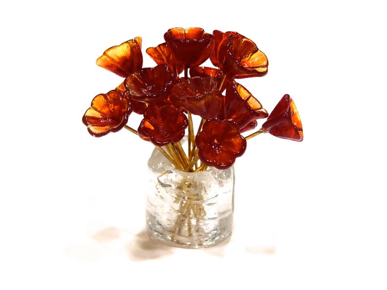 SKU 19-A2-00008729 Miniature Flowers Pixie Fairy Flowers SUPPLY: 30 Glass Flower Headpin Charms with Brass Wire Beads