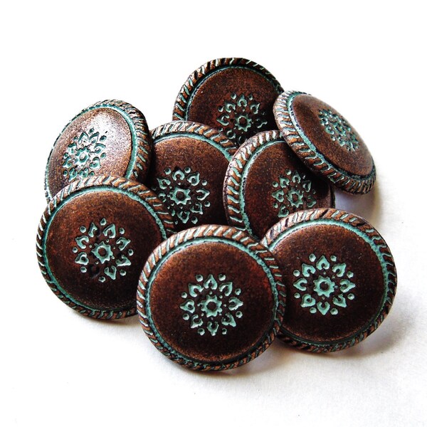 VINTAGE: 18 Copper Tone Metal Buttons with Green Rust Flower Design - Solid Heavy Metal Buttons