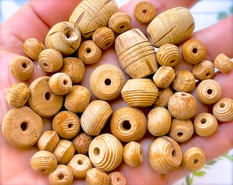 VINTAGE: 48pcs Old Natural Wooden Carved Beads - Light Weight - Religious Beads - Unique Find