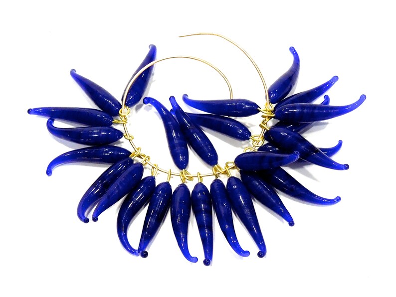 Lamp Work Glass Beads SUPPLY: 14 Blue Glass Drop Charms with Brass Wire Jewelry Making SKU 6-A4-00028915
