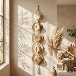 Macrame Hat Hanger for Wall, Boho Hat Rack Organizer, Vertical Straw Hat Holder, Wide Brim Fedora Display, Gift for Hat Lovers