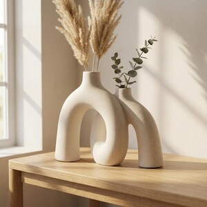 May include: Two beige ceramic vases with an arch design, one holding dried pampas grass and the other with green eucalyptus. The vases are on a light wood table, creating a minimalist and natural aesthetic.