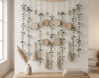 Boho eucalyptus wall hanging with wooden beads, tassels, farmhouse decor accent