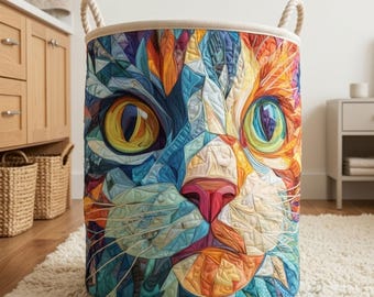 Boho Cat Quilted Laundry Basket Floral Fabric Soft Clothes Organizer Toy Storage Bin with Handles Basket Home Decor