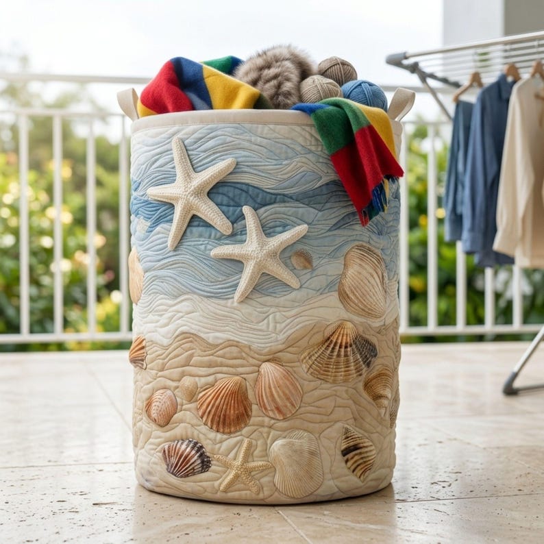 May include: A cylindrical fabric laundry hamper featuring a quilted design with a beach theme. The exterior displays a printed pattern of blue ocean waves, sandy beige shores, two large white starfish, and various seashells in shades of brown.