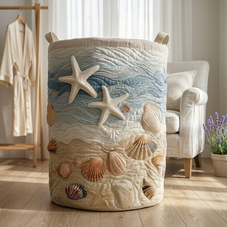 May include: A cylindrical fabric laundry hamper featuring a quilted design with a coastal theme. The exterior displays a printed pattern of blue ocean waves at the top and sandy beige tones at the bottom, accented with three-dimensional starfish and various seashells.
