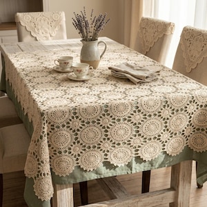 Crochet Lace Tablecloth Rustic Farmhouse Home Decor, Rectangular Dining Table Cover, Housewarming Wedding Gift, Cottagecore