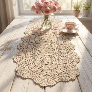 Puede incluir: Camino de mesa de ganchillo color crema con borde festoneado y patrones florales circulares. Un jarrón de cristal con rosas rosas, una taza de té y un platillo están sobre la mesa de madera clara.