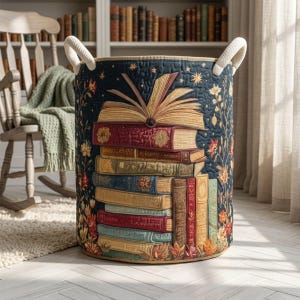 May include: A cylindrical fabric storage basket featuring a quilted dark blue exterior with a stack of colourful illustrated books and an open book on top. The design includes gold stars and floral accents, with two thick white rope handles on the sides.