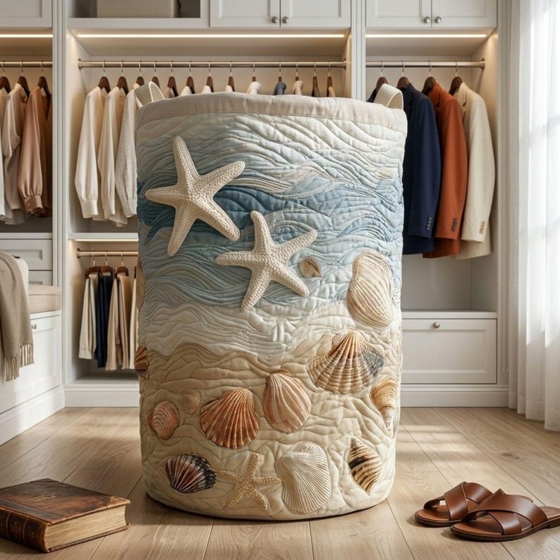 May include: A cylindrical fabric laundry hamper featuring a quilted design with a beach theme. The exterior displays embroidered starfish and various seashells in shades of beige, tan, and brown against a light blue and white wavy background.