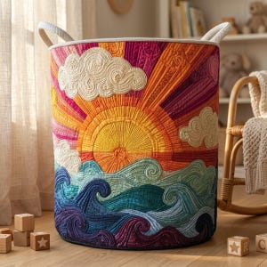 May include: A cylindrical fabric storage basket featuring a quilted design of a sunrise over ocean waves. The scene includes a yellow sun with orange and red rays, white clouds, and blue, teal, and purple waves. It has two white rope handles.