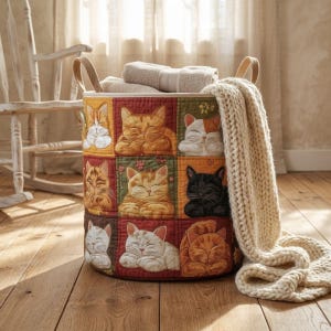 May include: A cylindrical fabric storage basket featuring a quilted grid pattern with illustrations of various sleeping cats in shades of orange, black, white, and brown. The basket has two fabric handles and contains folded beige towels and a cream knit throw.