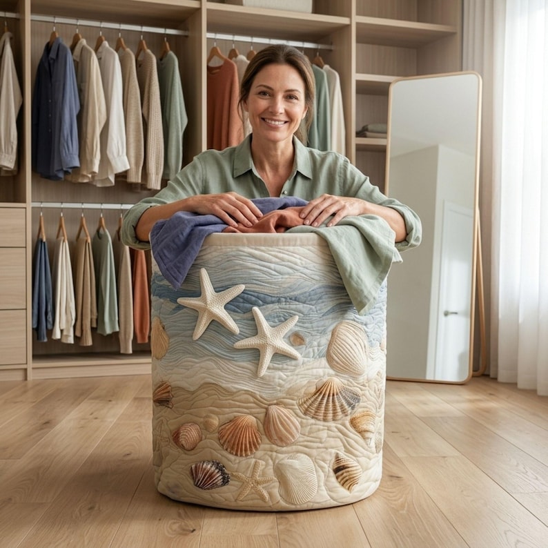 May include: A cylindrical laundry hamper featuring a quilted fabric exterior with a beach-themed design. The surface displays embroidered starfish and various seashells in shades of beige, tan, and blue, mimicking a sandy shoreline and ocean waves.