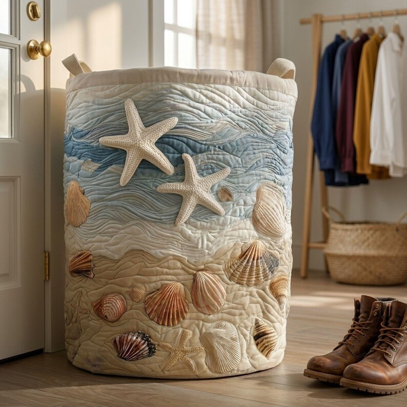 Coastal Laundry Hamper, Beach Nursery Storage Basket, Ocean-Inspired Organizer, Seashell & Starfish Bin, Seaside Home Decor image 5