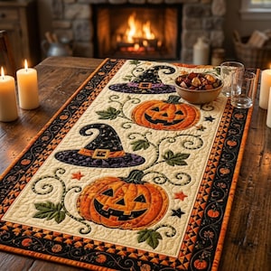 Puede incluir: Un camino de mesa acolchado rectangular con un centro color crema que presenta dos calabazas de Halloween naranjas y dos sombreros de bruja negros, rodeados de enredaderas verdes y pequeñas estrellas naranjas, con un borde negro de calabazas.