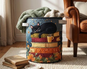 Boho Quilted Laundry Hamper, Floral Fabric Storage Bin Soft Clothes & Toy Organizer with Handles Cozy Home Decor Basket, Housewarming Gift