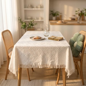 May include: A rectangular off-white tablecloth with a textured geometric pattern and fringe trim. The table is set with a plate, a glass of water, and a small book. Two wooden chairs with woven backs are on either side.