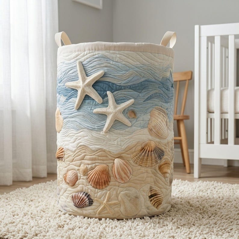 May include: A cylindrical fabric storage hamper featuring a quilted design with a beach theme. The upper portion depicts blue and white waves, while the lower portion shows a sandy shore. Appliqu&eacute; starfish and various seashells adorn the exterior.