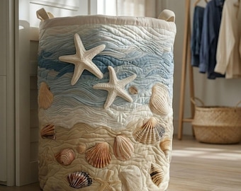 Beach Theme Laundry Basket, Coastal Nursery Storage Bin, Ocean Decor Hamper, Seashell & Starfish Fabric Basket, Beach House Organizer, Gift