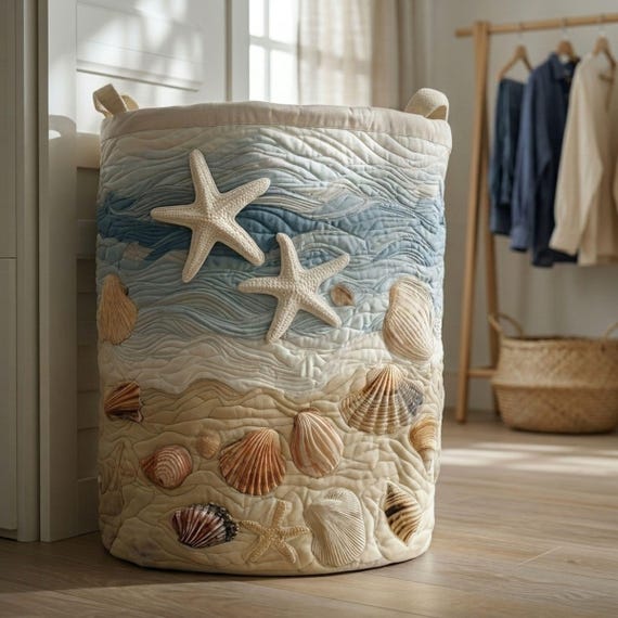 Coastal Laundry Hamper, Beach Nursery Storage Basket, Ocean-Inspired Organizer, Seashell & Starfish Bin, Seaside Home Decor