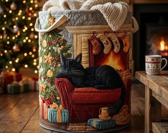 クリスマス キルティング ランドリーバスケット 黒猫 暖炉 ボヘミアン ファブリック 収納ボックス ホリデー ホームデコレーション ギフト 取っ手付き