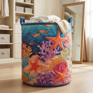 May include: A cylindrical fabric laundry hamper featuring a quilted exterior with a vibrant underwater scene. The design displays orange starfish, colourful coral reefs in shades of pink, yellow, and blue, and small fish against a deep blue background.