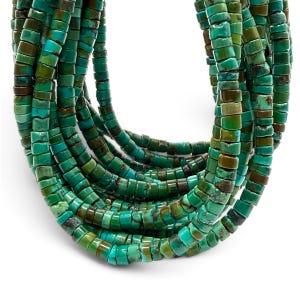 May include: A multi-strand necklace composed of numerous small, cylindrical turquoise beads. The beads display a range of natural colors, including vibrant teal, deep forest green, and earthy brown matrix patterns, arranged in several parallel rows.