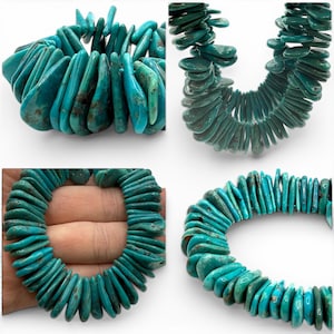 May include: A collection of turquoise gemstone jewelry pieces. The images showcase bracelets and necklaces made of irregular, polished turquoise beads. The color is a vibrant teal with natural variations. The jewelry is displayed against a white background.