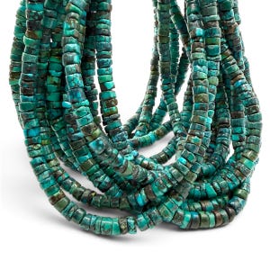 May include: A multi-strand necklace composed of numerous small, flat, disc-shaped turquoise beads. The beads feature a variegated color palette ranging from bright cyan to deep forest green, with dark brown matrix inclusions throughout the stones.