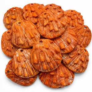 May include: A collection of orange, shell-shaped beads with a textured surface and a hole at the top for stringing. The beads have a glossy finish and are arranged in a pile against a white background. These beads are suitable for jewelry making.