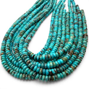 May include: Strands of turquoise beads with a mix of blue and brown tones. The beads are round and uniform in size, strung together to create a necklace or bracelet. The beads are a vibrant turquoise color.
