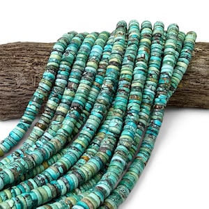 May include: Multiple strands of disc-shaped turquoise beads featuring a variegated color palette of bright cyan, deep teal, and muted green with dark brown matrix veining throughout each individual bead, arranged in a parallel vertical formation.