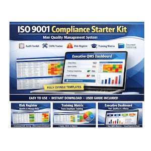 Può includere: Immagine promozionale per un kit di avvio di conformità ISO 9001. L'immagine presenta un laptop che mostra un dashboard QMS esecutivo, con grafici e dati. Pannelli aggiuntivi mostrano modelli di registro dei rischi, matrice di formazione e dashboard esecutivo.