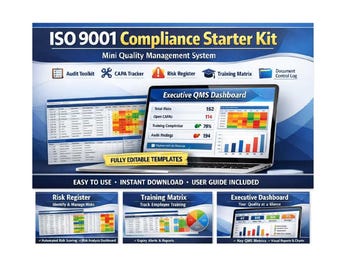 Kit completo de cumplimiento ISO 9001 / Plantillas listas para auditoría / SOP, CAPA, registro de riesgos, matriz de capacitación, control de documentos y panel de control