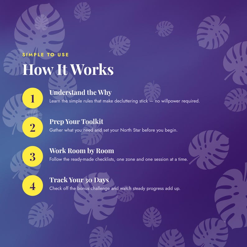 May include: A purple informational graphic with a monstera leaf pattern. The text reads: Simple to use, How It Works, 1. Understand the Why, 2. Prep Your Toolkit, 3. Work Room by Room, 4. Track Your 30 Days, along with descriptive subtext for each step.