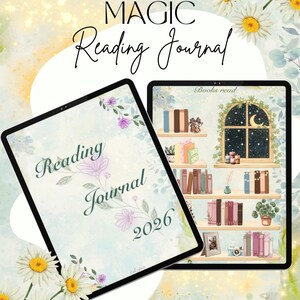 Puede incluir: Dos diarios de lectura digitales con detalles florales y margaritas. Uno muestra "Reading Journal 2026" con un diseño floral. El otro muestra una ilustración de estantería con las palabras "Books read". El fondo es azul claro con margaritas.