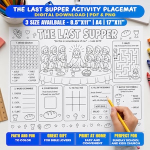 Op de afbeelding: Een zwart-wit activiteitenplacemat getiteld The Last Supper met een centrale illustratie van Jezus en discipelen aan een tafel, omringd door zeven educatieve spellen waaronder een woordzoeker, doolhof, woordhussel en een telbox.
