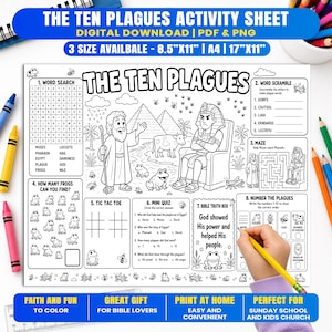 May include: A black and white activity sheet titled The Ten Plagues featuring illustrations of Moses and Pharaoh, a word search, word scramble, maze, tic tac toe, mini quiz, and a numbering task. The sheet includes various insect and frog graphics.