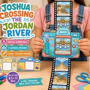 Puede incluir: Un kit de manualidades en papel titulado Joshua Crossing the Jordan River con un marco en forma de cámara y una tira de película extraíble que muestra escenas bíblicas. Incluye descargas digitales y tres diseños de cámara.
