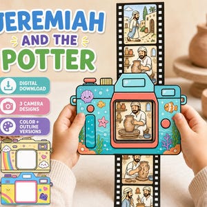 Puede incluir: Una actividad de manualidades en papel titulada Jeremiah and the Potter que presenta una cámara azul con una tira de película deslizante que muestra ilustraciones de un alfarero trabajando. Incluye descargas digitales, tres diseños de cámara y versiones a color.