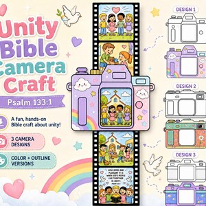 Puede incluir: Un kit de manualidades Unity Bible Camera Craft con una cámara morada y una tira de película que muestra ilustraciones de niños y una iglesia. El texto dice Unity Bible Camera Craft y Psalm 133:1. Incluye tres diseños de cámara en color y contorno.