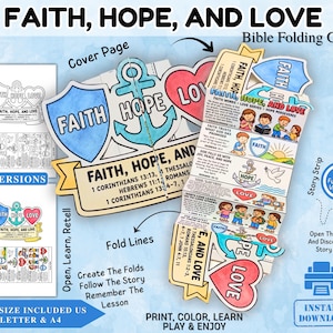 Könnte beinhalten: Ein Faith, Hope, and Love Bibel-Faltbastelset mit einem Deckblatt mit Anker-, Schild- und Herzmotiv sowie einem Geschichtenstreifen mit Illustrationen und Bibelversen. Enthält druckbare Versionen in Schwarz-Weiß und in Farbe.