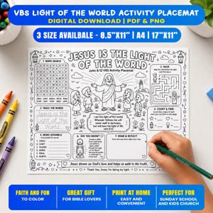 May include: A black and white printable activity placemat titled Jesus Is The Light Of The World, featuring a word search, maze, word tracing, word scramble, and drawing sections with illustrations of Jesus and children, available in 8.5x11 and 17x11 inches.