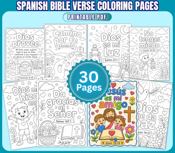 30 Spanish Bible Verse Coloring Pages for Kids, Versículos Bíblicos para Colorear, Sunday School Christian Printable PDF
