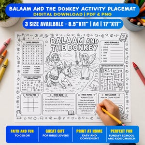 Balaam and the Donkey Activity Placemat, Old Testament Coloring Page, Sunday School Lesson Craft, Kids Church Printable, Bible Game Sheet
