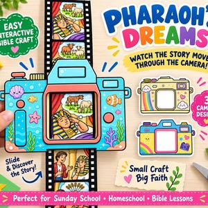 Könnte beinhalten: Ein interaktives Papierbastelset mit einer blauen Kamera und einem verschiebbaren Filmstreifen, der die Träume des Pharaos zeigt. Das Set enthält drei Kameradesigns, bunte Illustrationen von Kühen und Weizen sowie den Text Pharaoh's Dreams, Watch the Story Move Through the Camera und Small Craft Big Faith.