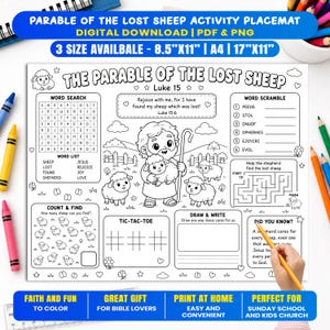 May include: A black and white activity placemat titled The Parable of the Lost Sheep, featuring a word search, word scramble, maze, tic-tac-toe, and count and find games. The sheet includes illustrations of a shepherd and sheep.